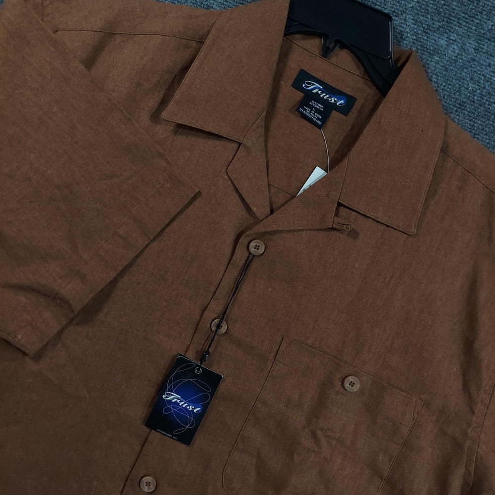 Trust Shirt Mens L Mocha Short Sleeve Button Up Linen Rayon Loop Collar Summer